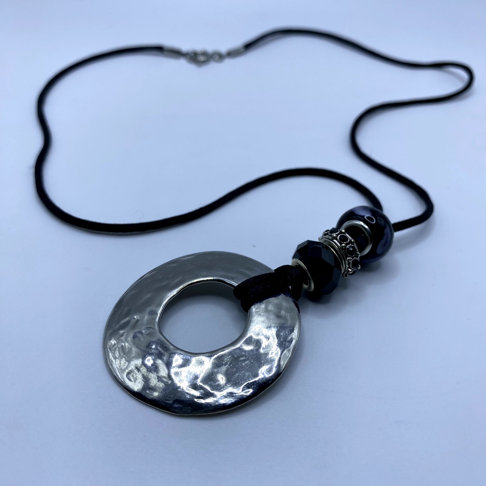 Whimsigoth Coastal Western Black Leather Chain Textured Silver Pendant Necklace 25$